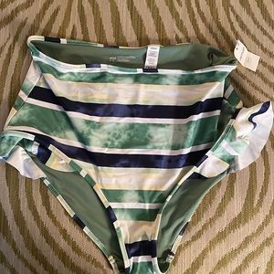 Bathing suit bottoms with adorable ruffle; green, blue and white stripes